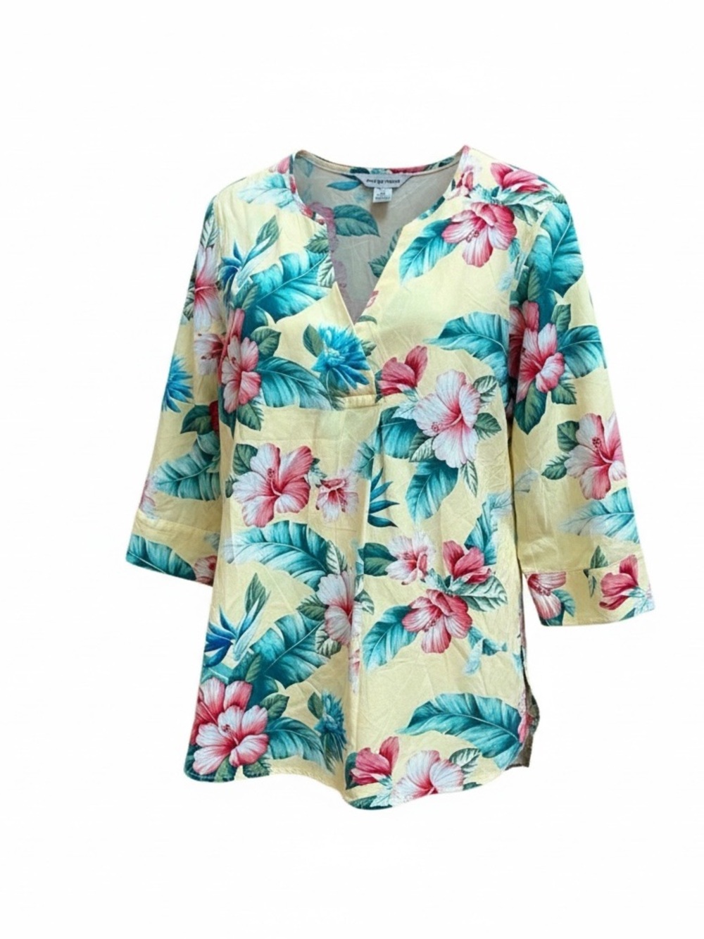 TOMMY BAHAMA yellow tropical floral 3/4 sleeve tunic top or swim cover Small